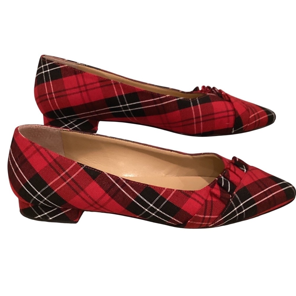 Talbots Edison Pleated Holiday Plaid Pointed Toe Bow Flats Slip On Block - 8.5